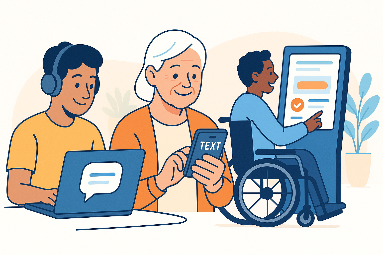 Joven con audífonos usa laptop, mujer mayor lee texto en móvil y persona en silla de ruedas opera un quiosco accesible.