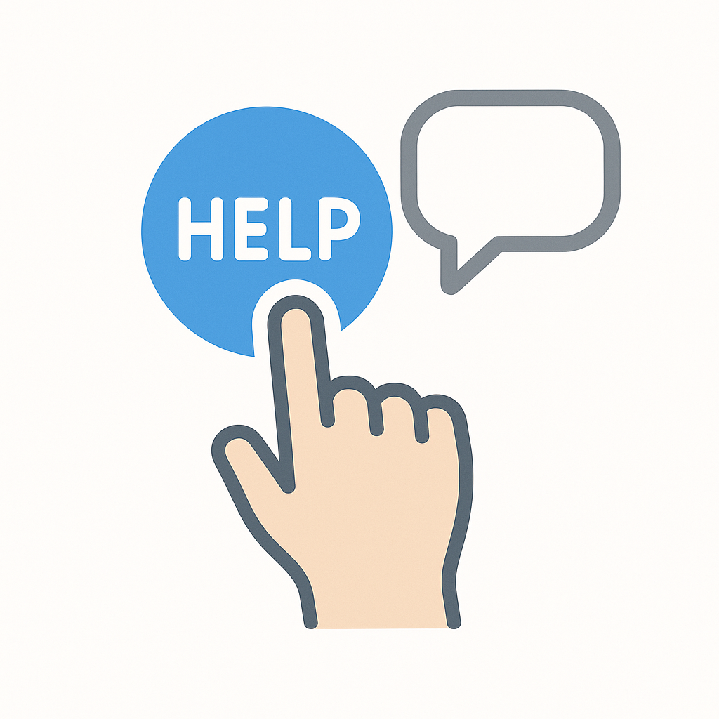 Ícono de ayuda: mano presiona botón de ayuda con burbuja de chat.